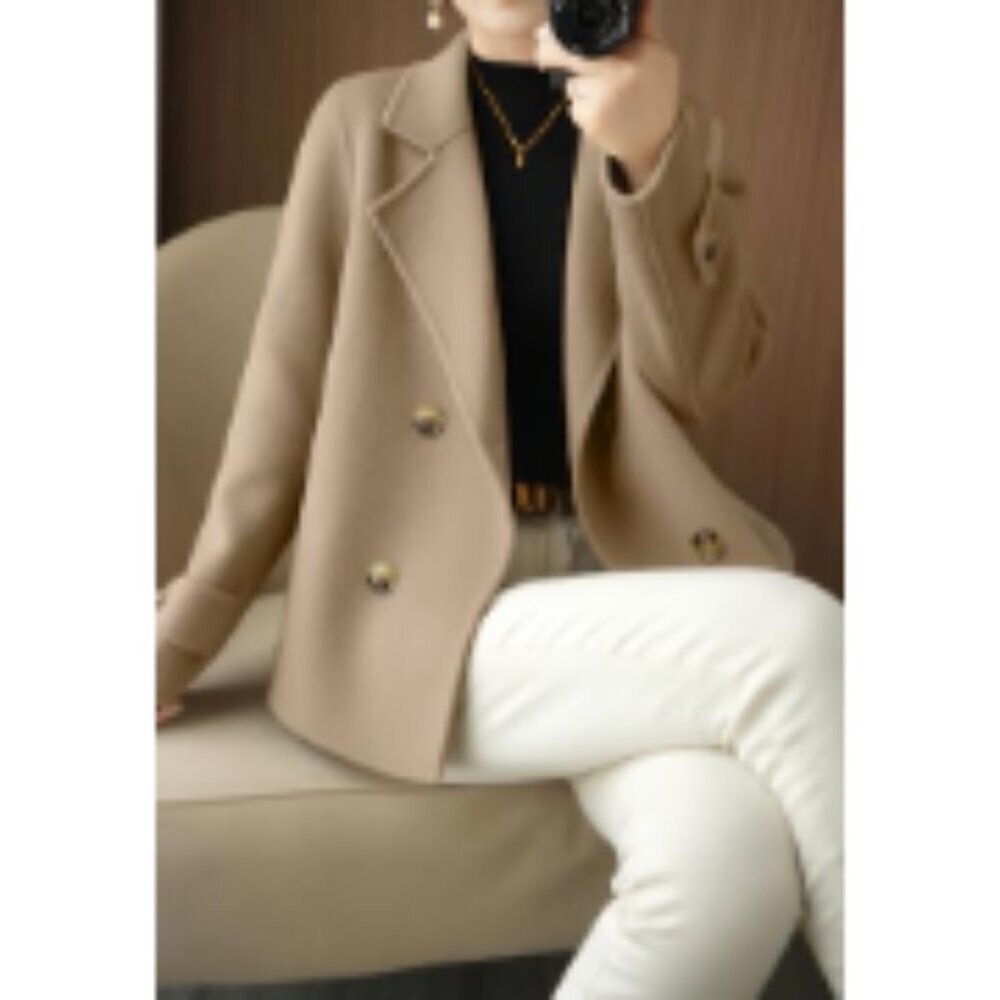 Wool Blend Pea Coat Loose Fit Double Breasted Blazer - Picture 2 of 5